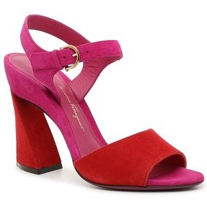 Sold Out NIB Salvatore Ferragamo Color Block Heels Sandals Fuchsia and Red